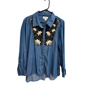 Style & Co Womens Embroidered Denim Long Sleeve Button Up Shirt Sz L